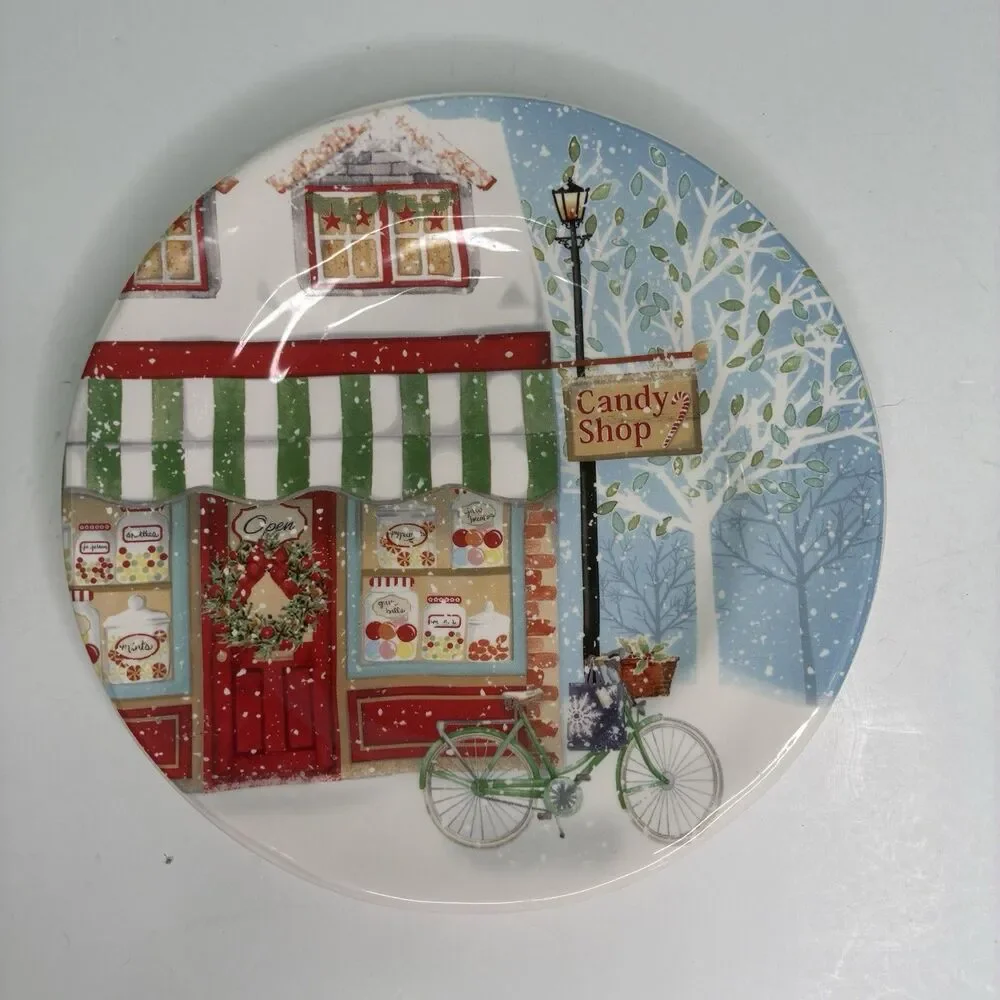 Pier 1 Xmas Village Scenes Ironstone Salad Plates Pet Store & Candy Store 2 Pc